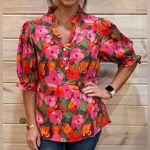 NWT Michelle McDowell Marlowe Top In Make Me Blush Olive Floral Size Large EUC